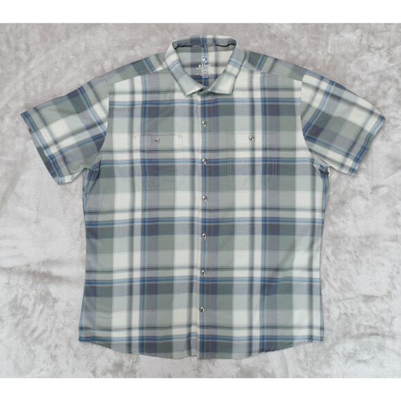 Kuhl Elixir Tapered Fit Short Sleeve Button Up Blue Green Plaid Shirt Mens L - Picture 1 of 16